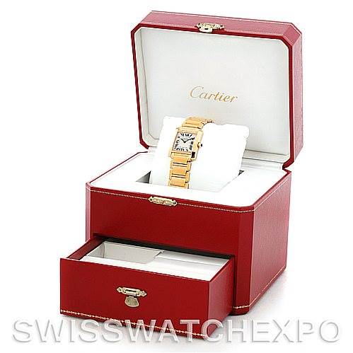 This image shows a Cartier Tank Francaise W50003N2 Women's Yellow Gold Silver Dial W50003N2 Women's Yellow Gold Silver Dial watch from a front angle, displayed in its open red box with a lower drawer compartment.