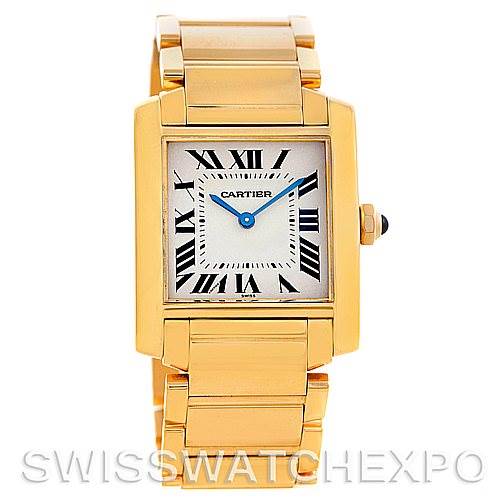 This image shows a front view of the Cartier Tank Française watch, highlighting its rectangular gold case, bracelet, and Roman numeral dial.
