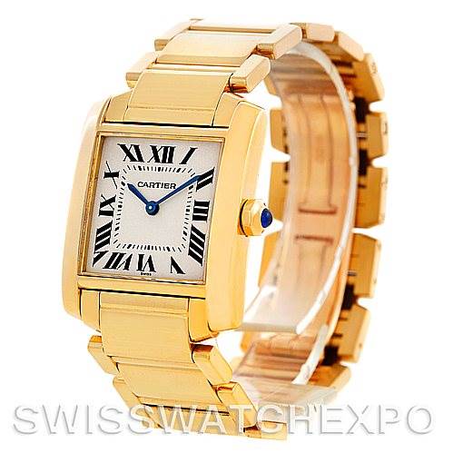 This image shows a Cartier Tank Francaise W50003N2 Women's Yellow Gold Silver Dial W50003N2 Women's Yellow Gold Silver Dial model from a front angle, highlighting its rectangular face and gold bracelet.