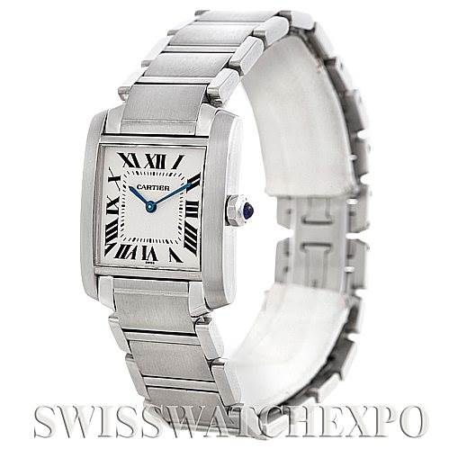 This image shows a Cartier Tank Francaise Women's Stainless Steel Silver Dial Women's Stainless Steel Silver Dial watch at a three-quarter angle, displaying its square dial, bracelet, and blue sapphire crown.