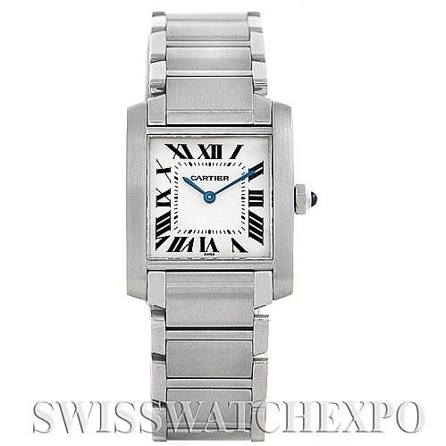This image shows a Cartier Tank Francaise Women's Stainless Steel Silver Dial Women's Stainless Steel Silver Dial watch from a front angle, displaying its face, bracelet, and crown.