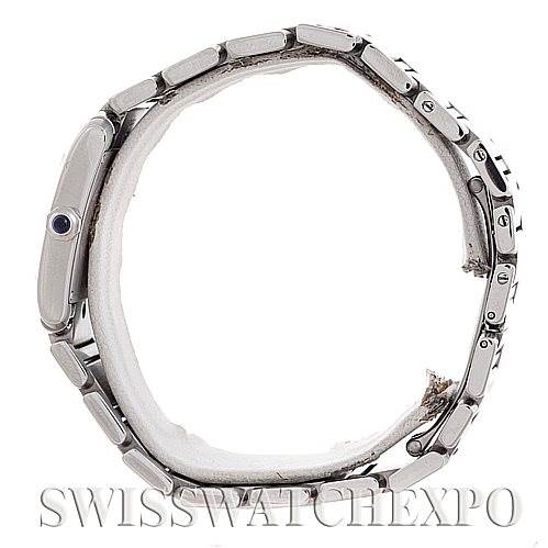 This image shows a side view of the Cartier Tank Francaise Women's Stainless Steel Silver Dial Women's Stainless Steel Silver Dial watch, focusing on the bracelet and casing.