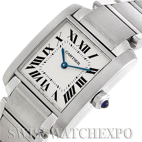 The image shows a close-up of the Cartier Tank Francaise Women's Stainless Steel Silver Dial Women's Stainless Steel Silver Dial watch, highlighting the face, bracelet, and crown with a blue cabochon.