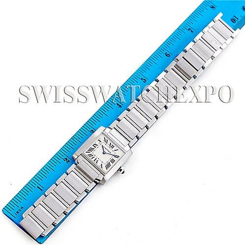 The image shows the full length of a Cartier Tank Francaise Women's Stainless Steel Silver Dial Women's Stainless Steel Silver Dial watch laid flat next to a ruler.