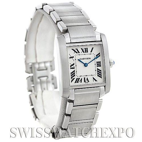 The image shows a Cartier Tank Francaise Women's Stainless Steel Silver Dial Women's Stainless Steel Silver Dial watch at a three-quarter angle, highlighting the face, bezel, and stainless steel bracelet.