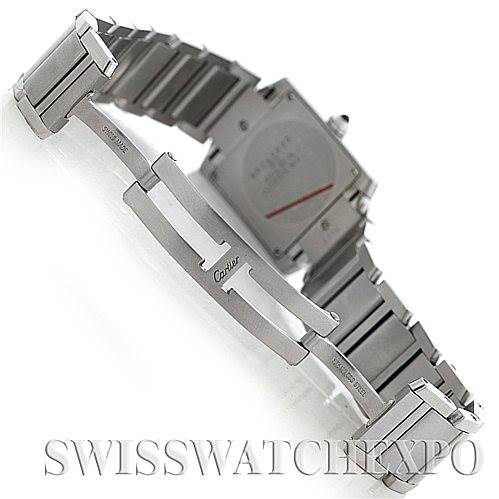 This image shows the Cartier Tank Francaise Women's Stainless Steel Silver Dial Women's Stainless Steel Silver Dial model from the back, focusing on its metal bracelet and the clasp.