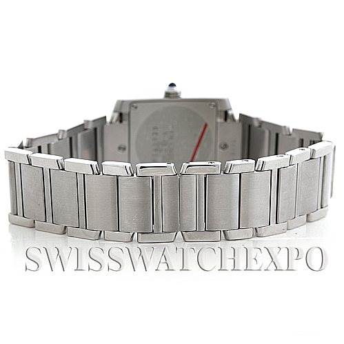 This image shows the back of the Cartier Tank Francaise Women's Stainless Steel Silver Dial Women's Stainless Steel Silver Dial watch, focusing on the stainless steel bracelet.