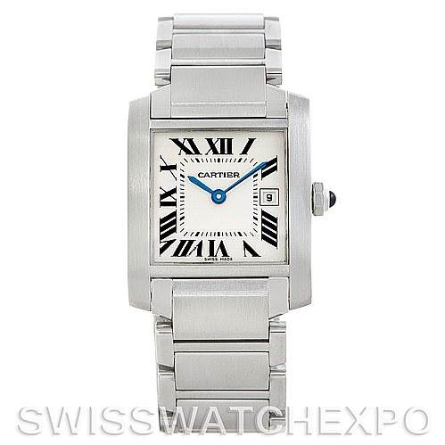 This image shows a frontal view of the Cartier Tank Francaise W51011Q3 Women's Stainless Steel Silver Dial W51011Q3 Women's Stainless Steel Silver Dial watch, displaying its dial, case, crown, and bracelet.