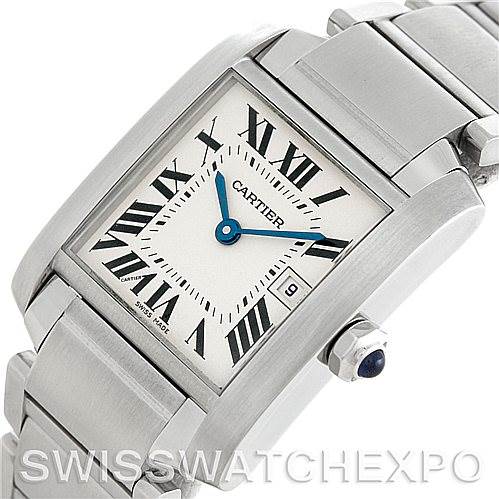 The image shows a close-up angle of the Cartier Tank Francaise W51011Q3 Women's Stainless Steel Silver Dial W51011Q3 Women's Stainless Steel Silver Dial watch, highlighting its face, bracelet, and crown.
