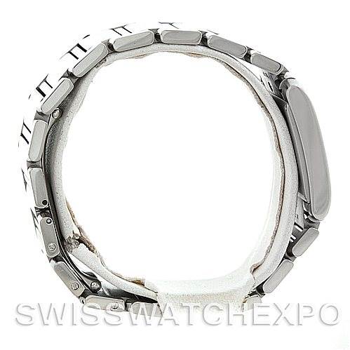 This image shows a side view of the Cartier Tank Francaise W51011Q3 Women's Stainless Steel Silver Dial W51011Q3 Women's Stainless Steel Silver Dial watch, focusing on its bracelet and case from a lateral angle.