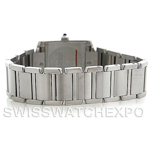 This image shows the stainless steel bracelet and case back of a Cartier Tank Francaise W51011Q3 Women's Stainless Steel Silver Dial W51011Q3 Women's Stainless Steel Silver Dial watch from a rear angle.