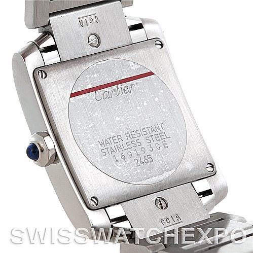 This image shows the back case of the Cartier Tank Francaise W51011Q3 Women's Stainless Steel Silver Dial W51011Q3 Women's Stainless Steel Silver Dial watch, including the water resistance marking and serial number.