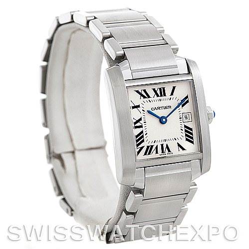 The image shows a Cartier Tank Francaise W51011Q3 Women's Stainless Steel Silver Dial W51011Q3 Women's Stainless Steel Silver Dial watch at a slight side angle, displaying the face, bracelet, and a portion of the crown.