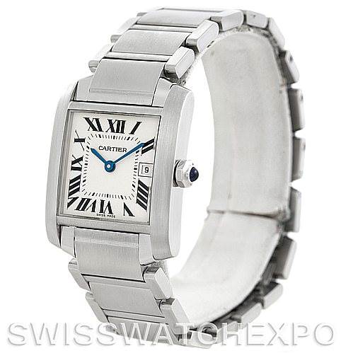 The image shows a Cartier Tank Francaise W51011Q3 Women's Stainless Steel Silver Dial W51011Q3 Women's Stainless Steel Silver Dial watch from an angled view, highlighting the face, case, bracelet, and crown.