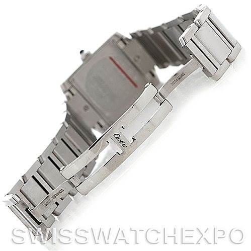 The image shows the clasp and part of the band of the Cartier Tank Française watch, in an open position and angled from the back.