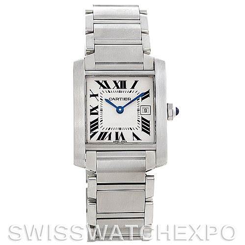 This image shows a front view of the Cartier Tank Francaise W51011Q3 Women's Stainless Steel Silver Dial W51011Q3 Women's Stainless Steel Silver Dial watch, highlighting its face, case, and metal bracelet.