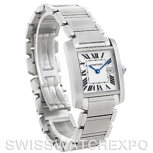 The image shows a Cartier Tank Francaise W51011Q3 Women's Stainless Steel Silver Dial W51011Q3 Women's Stainless Steel Silver Dial watch tilted to display its rectangular face, Roman numeral markers, and metal bracelet.
