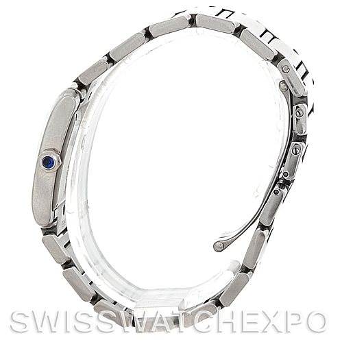 The image shows a side profile of a Cartier Tank Francaise W51011Q3 Women's Stainless Steel Silver Dial W51011Q3 Women's Stainless Steel Silver Dial watch, highlighting the bracelet and the crown with a blue cabochon.