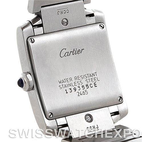 This image shows the case back of a Cartier Tank Française watch, highlighting the brand engraving and model details.