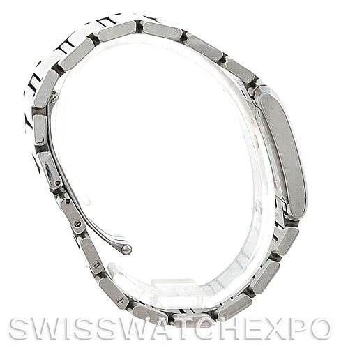 This image shows a side view of the Cartier Tank Francaise W51011Q3 Women's Stainless Steel Silver Dial W51011Q3 Women's Stainless Steel Silver Dial watch, highlighting its stainless steel bracelet and clasp mechanism.