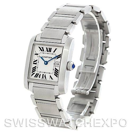 The image shows a Cartier Tank Francaise W51011Q3 Women's Stainless Steel Silver Dial W51011Q3 Women's Stainless Steel Silver Dial watch angled to display the face, bracelet, and side view of the case and clasp.