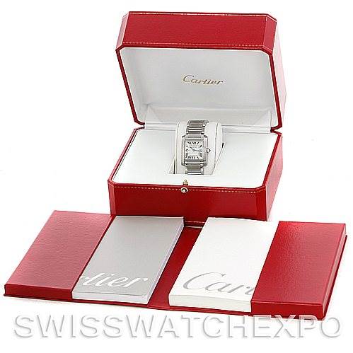 The image shows a Cartier Tank Francaise W51011Q3 Women's Stainless Steel Silver Dial W51011Q3 Women's Stainless Steel Silver Dial watch in its open red case with additional booklets displayed in front.