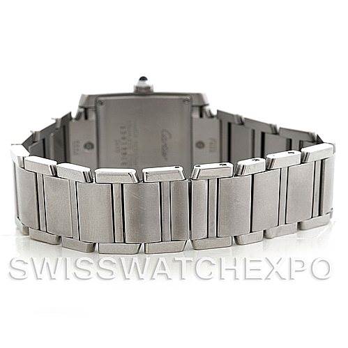 The image shows the back and bracelet of a Cartier Tank Française watch.