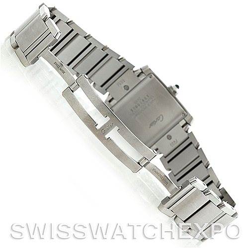 This image shows the Tank Française by Cartier from a rear angle, highlighting the metal bracelet and clasp details.