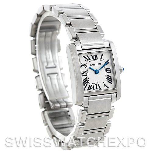 The image shows a Cartier Tank Francaise W51008Q3 Women's Stainless Steel White Dial W51008Q3 Women's Stainless Steel White Dial watch at an angle, displaying the bracelet, case, dial, and blue sword-shaped hands.