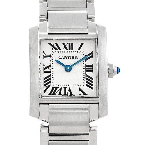 The image shows a front view of the Cartier Tank Française watch, highlighting its face, bezel, and bracelet.