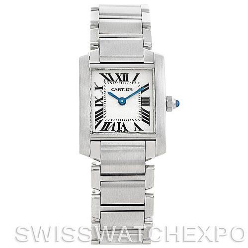 This image shows a front view of the Cartier Tank Française watch, displaying its bracelet, rectangular dial, and Roman numerals.