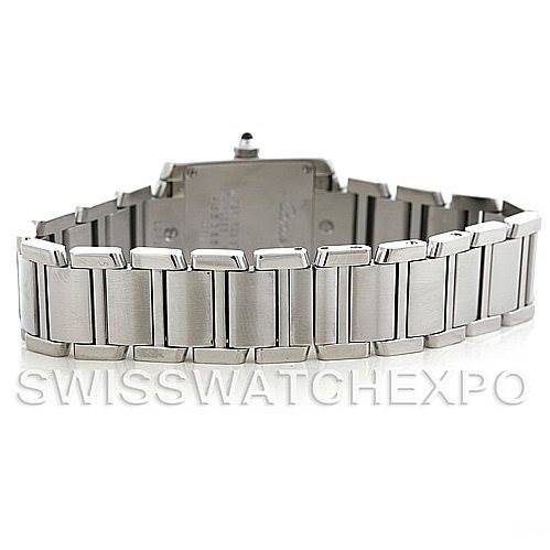 The image shows the back view of a Cartier Tank Francaise W51008Q3 Women's Stainless Steel White Dial W51008Q3 Women's Stainless Steel White Dial watch, focusing on its stainless steel bracelet and clasp.