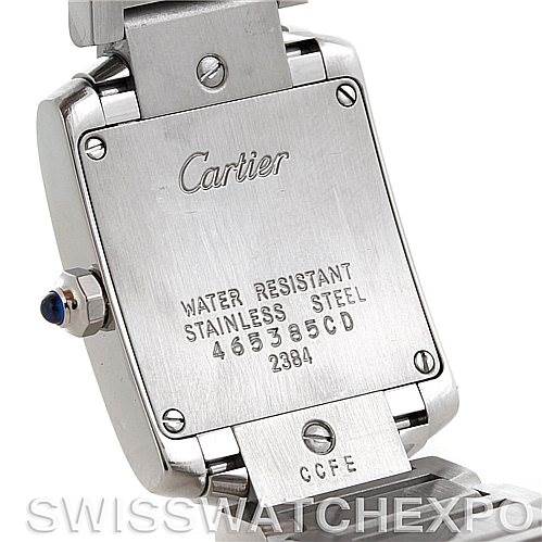 The image shows the back case of the Cartier Tank Française watch, highlighting the brand, model, and specifications.