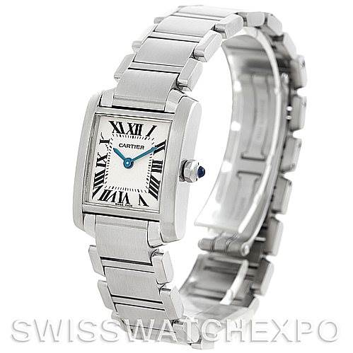 The image shows a Cartier Tank Francaise W51008Q3 Women's Stainless Steel White Dial W51008Q3 Women's Stainless Steel White Dial watch from a front-side angle, highlighting its face, bracelet, and side-view crown.