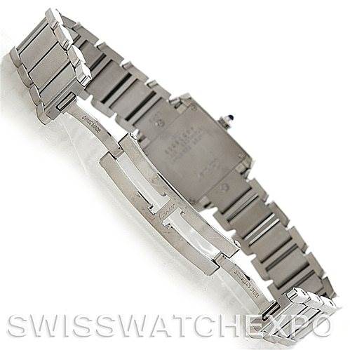 The image shows the Cartier Tank Française watch from a rear angle, highlighting the stainless steel bracelet and clasp mechanism.