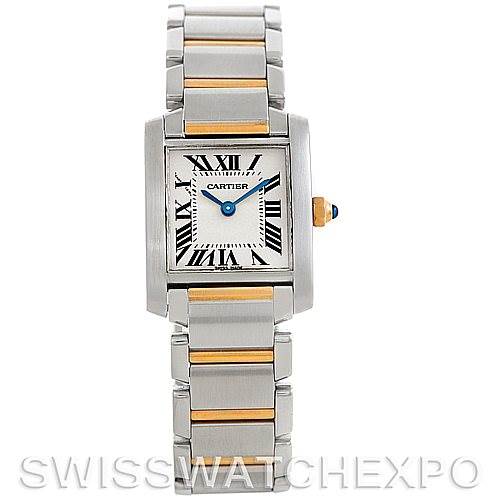 The image shows a front view of a Cartier Tank Francaise W51007Q4 Women's Steel and Gold (two tone) Silver Dial W51007Q4 Women's Steel and Gold (two tone) Silver Dial watch, displaying the face, bezel, and the stainless steel and yellow gold bracelet.