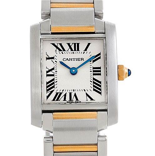 The image shows a front view of a Cartier Tank Francaise W51007Q4 Women's Steel and Gold (two tone) Silver Dial W51007Q4 Women's Steel and Gold (two tone) Silver Dial watch, including the dial, hands, case, and part of the bracelet.