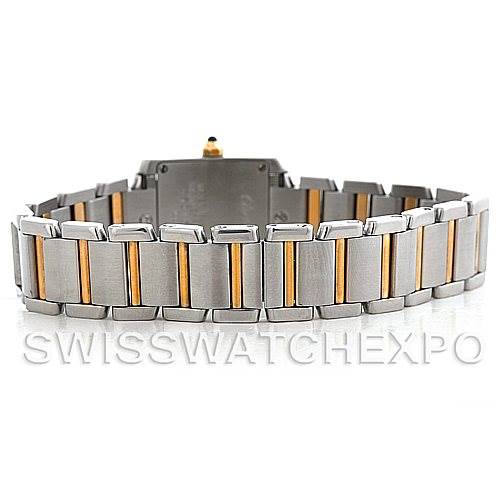 The image shows the bracelet of a Cartier Tank Francaise W51007Q4 Women's Steel and Gold (two tone) Silver Dial W51007Q4 Women's Steel and Gold (two tone) Silver Dial watch, with its two-tone metal links, in a rear and flat angle.