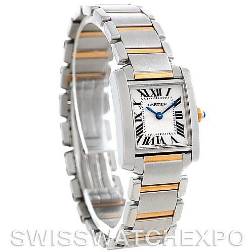 The image shows a Cartier Tank Française watch, viewed at a 3/4 angle, focusing on the bracelet and face.