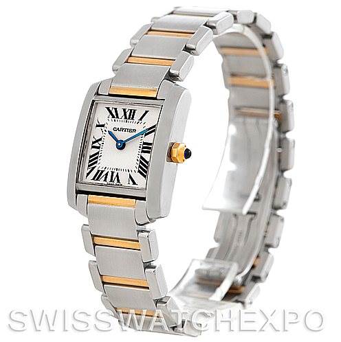 The image shows a side angle of a Cartier Tank Francaise W51007Q4 Women's Steel and Gold (two tone) Silver Dial W51007Q4 Women's Steel and Gold (two tone) Silver Dial watch, highlighting the face, bracelet, and crown.