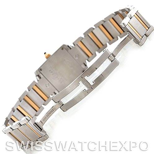 This image shows the back and bracelet of a Cartier Tank Française watch at an angle, highlighting the metal links and clasp.