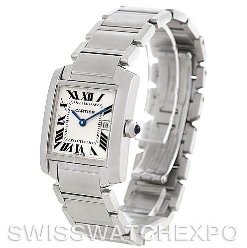 The image shows a Cartier Tank Francaise W51011Q3 Women's Stainless Steel Silver Dial W51011Q3 Women's Stainless Steel Silver Dial watch from an angled side view, highlighting its stainless steel case, bracelet, and face with Roman numerals.