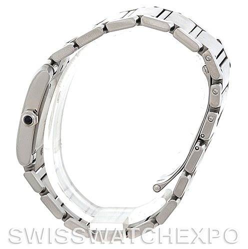 This side profile of the Cartier Tank Française watch highlights its metal bracelet and case with a visible crown.