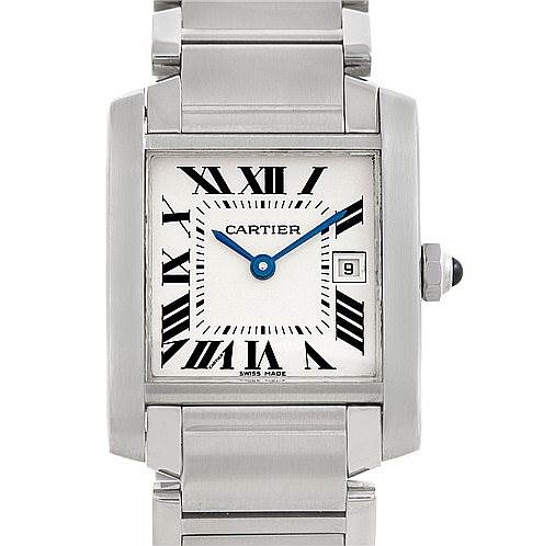 The image shows a frontal view of a Cartier Tank Francaise W51011Q3 Women's Stainless Steel Silver Dial W51011Q3 Women's Stainless Steel Silver Dial watch, displaying its face, bracelet, and crown.