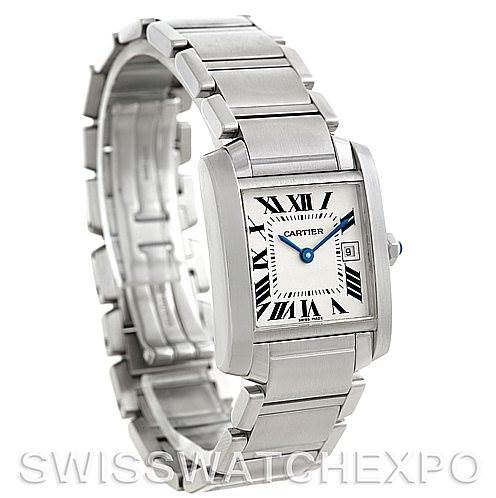 This image shows a Cartier Tank Francaise W51011Q3 Women's Stainless Steel Silver Dial W51011Q3 Women's Stainless Steel Silver Dial watch from an angled view, highlighting the face, bracelet, and crown.