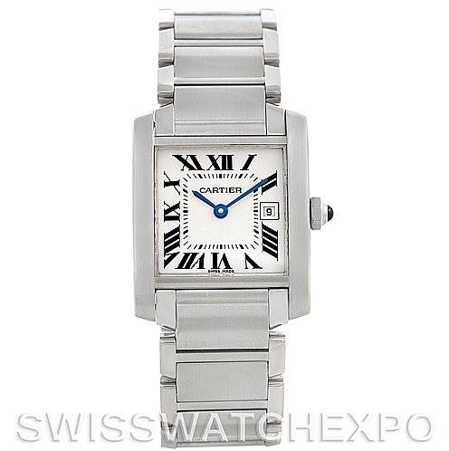 This image shows a front view of the Cartier Tank Française watch, displaying its rectangular face, Roman numerals, and metal bracelet.