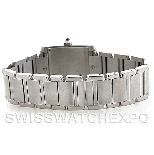 The image shows the back view of the watch bracelet and case of a Cartier Tank Francaise W51011Q3 Women's Stainless Steel Silver Dial W51011Q3 Women's Stainless Steel Silver Dial model.