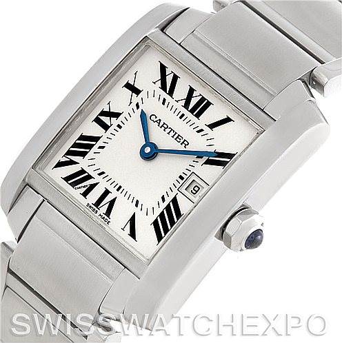 This Cartier Tank Française watch is shown at a slight angle, highlighting the face, bracelet, crown, and part of the clasp.