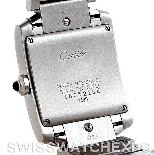 The image shows the back case and part of the bracelet of a Cartier Tank Francaise W51011Q3 Women's Stainless Steel Silver Dial W51011Q3 Women's Stainless Steel Silver Dial watch, highlighting its water resistance and stainless steel material.