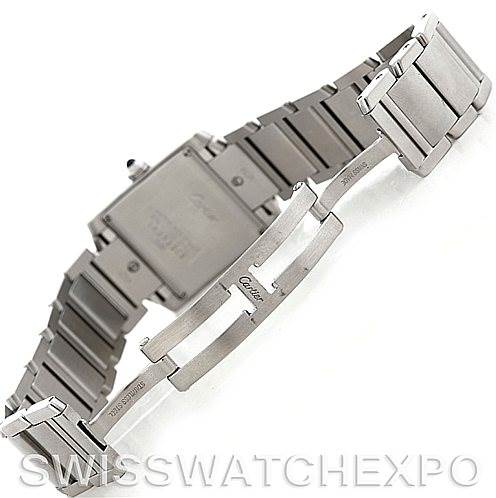 This image shows a rear view of the Tank Francaise watch by Cartier, highlighting its bracelet and clasp mechanism.